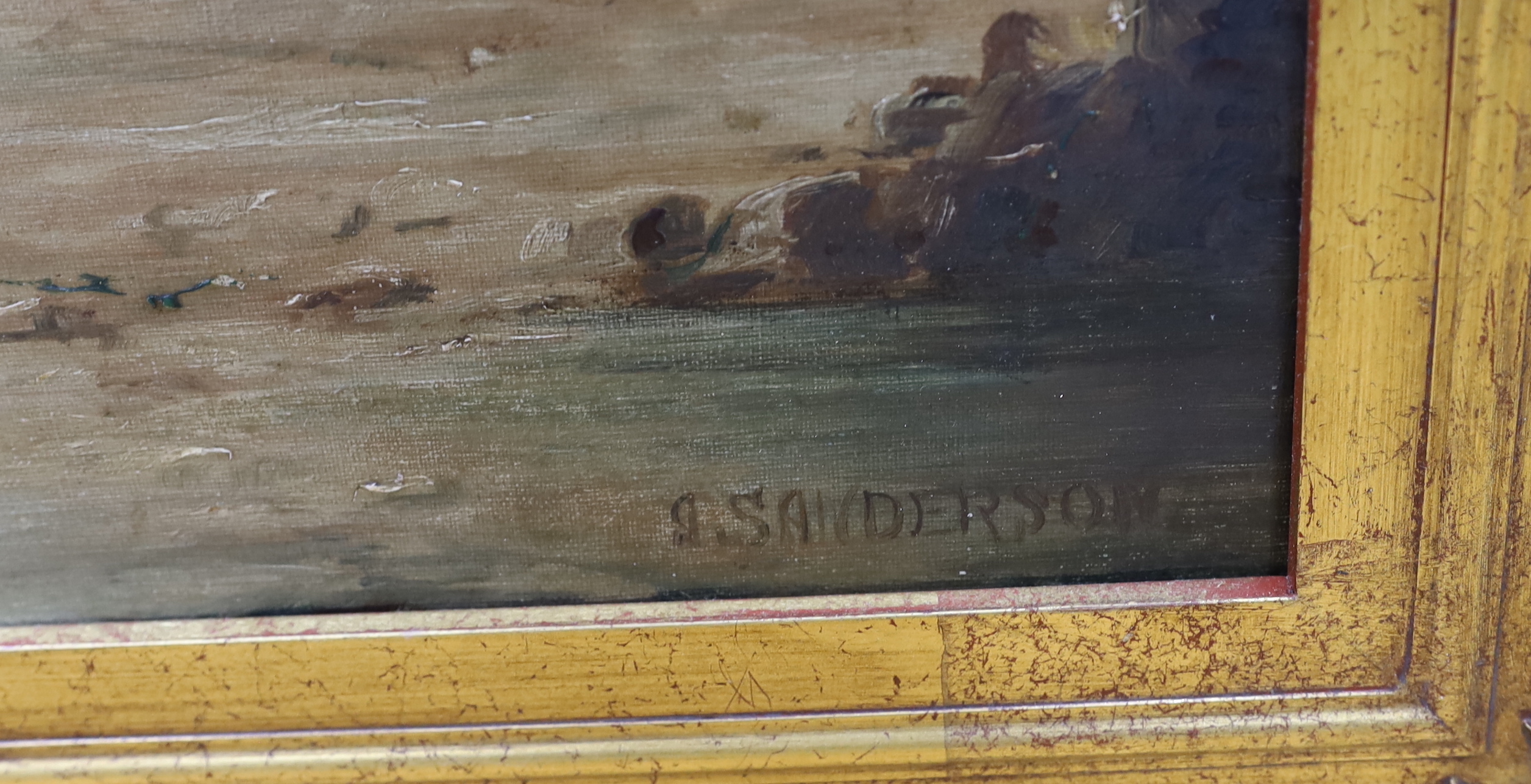 A. Sanderson, pair of oils on canvas, Moored fishing boats and Boats at sea, signed, 75 x 50cm